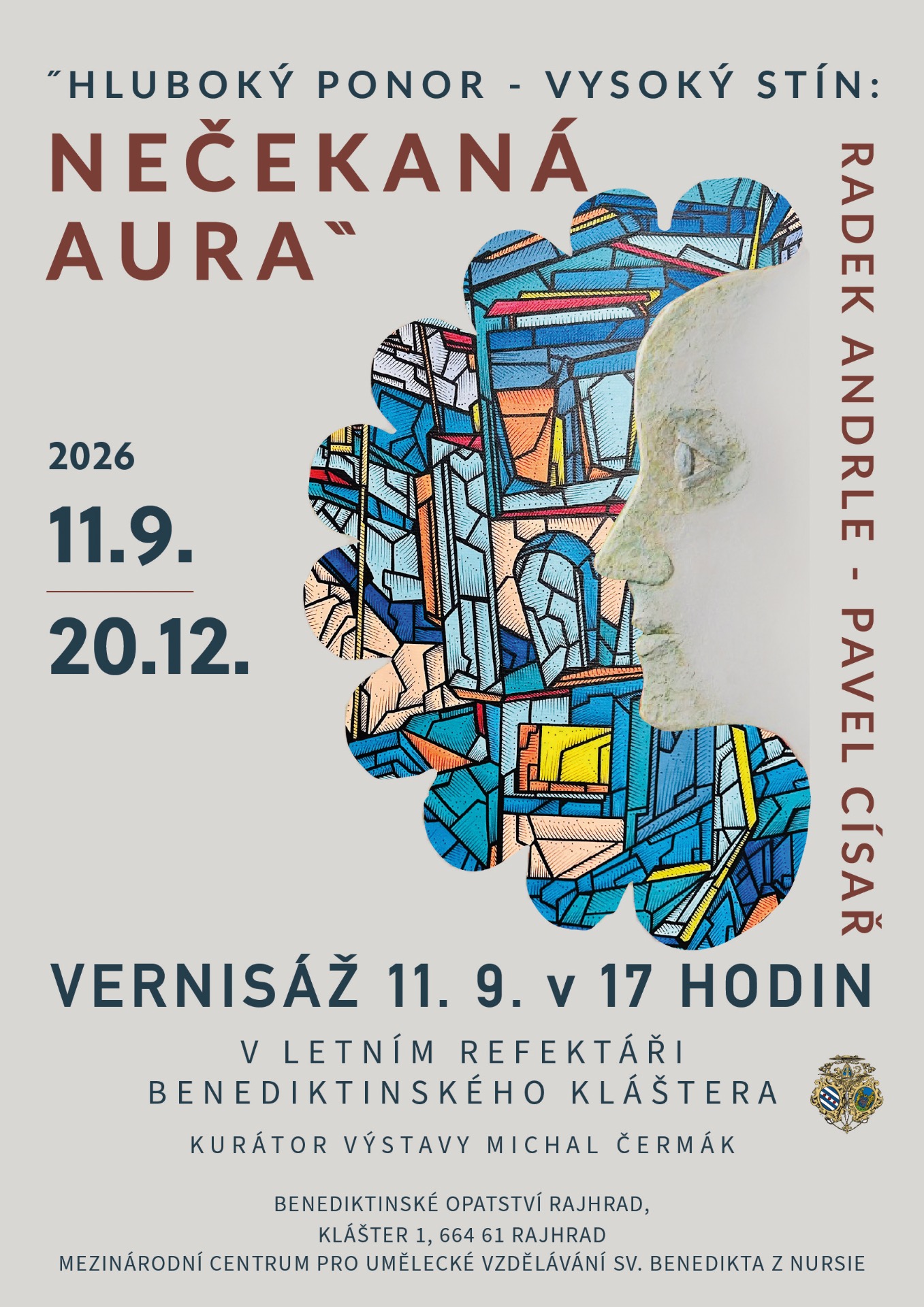 Plakát s typografií a barevnou ilustrací postavy v mozaikovém stylu, datumy a text o výstavě.