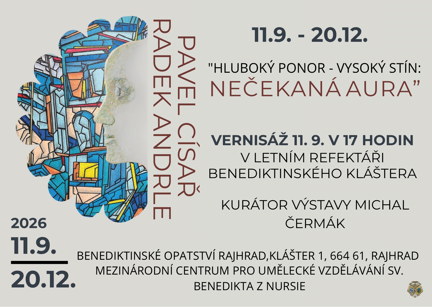 Plakát s typografií a barevnou ilustrací postavy v mozaikovém stylu, datumy a text o výstavě.